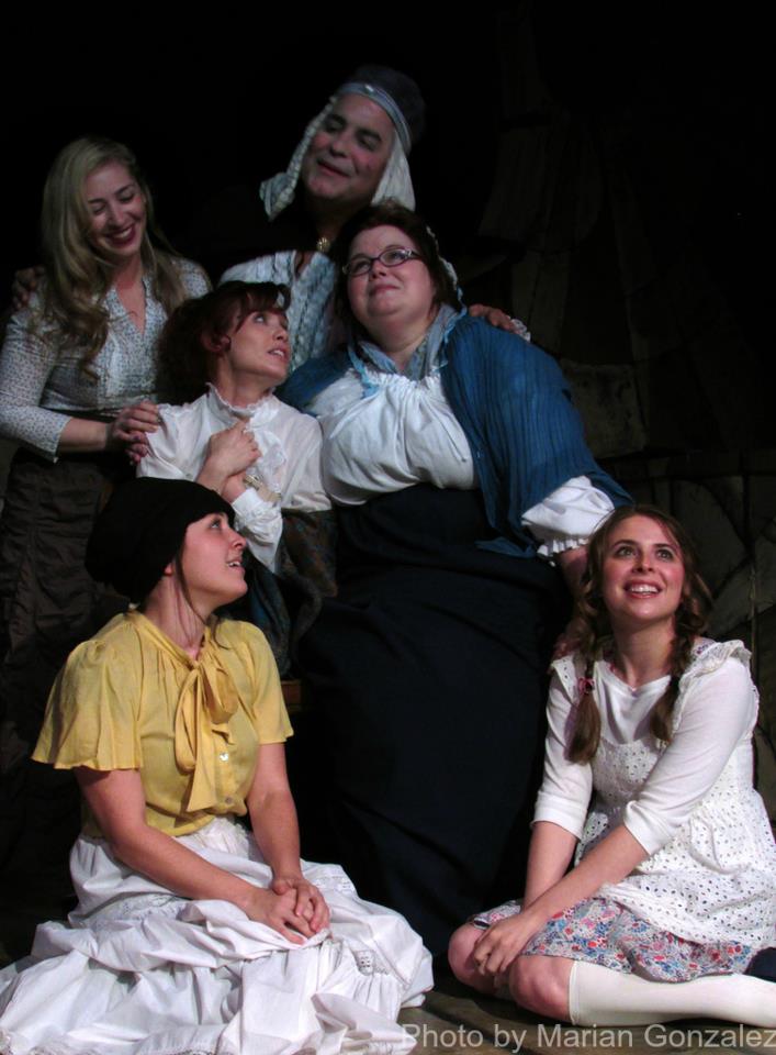 Clockwise from bottom left: Heather Schmidt ("Jo"), Paula Rhodes ("Beth"), Natasha Norman ("Meg"), Pat Towne ("Aunt Josephine"), Alyssa Preston ("Marmee"), Julia Griswold ("Amy")